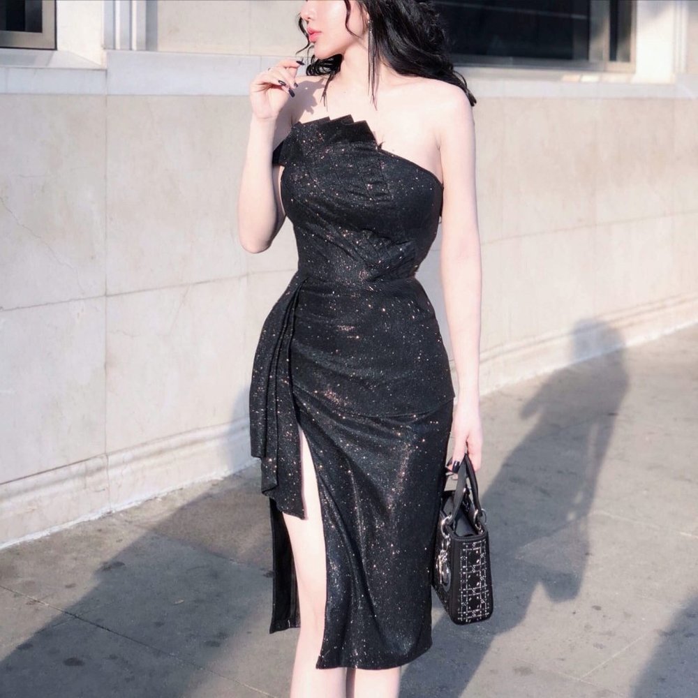 Glitter Pleated Slit Midi Night Party Evening Black Dress size Small